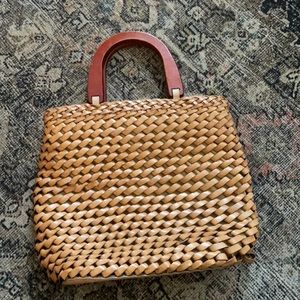 Vintage Fossil woven leather wood handles hand bag purse